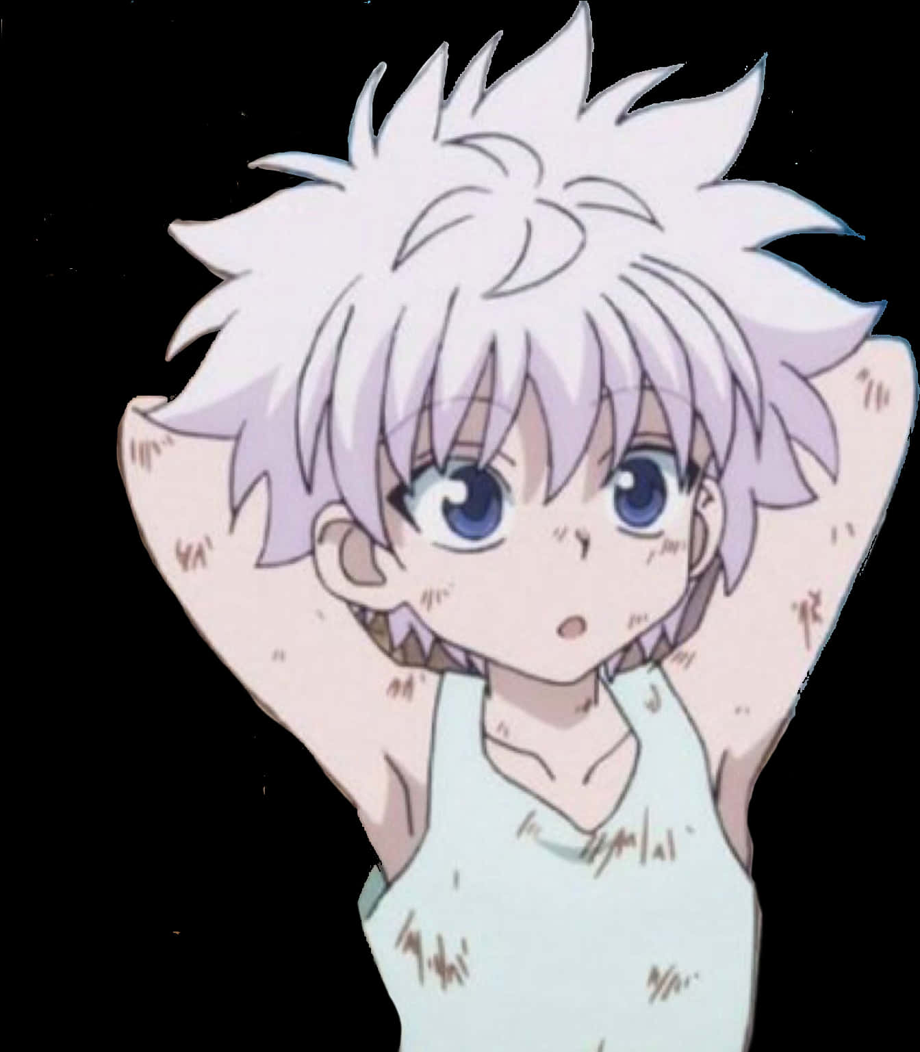 動畫角色 Killua Zoldyck 肖像 壁紙 — 一個驚訝的動漫男孩，有著尖刺的白髮和藍眼睛，穿著一件骯髒的淺藍色背心，背景是黑色。