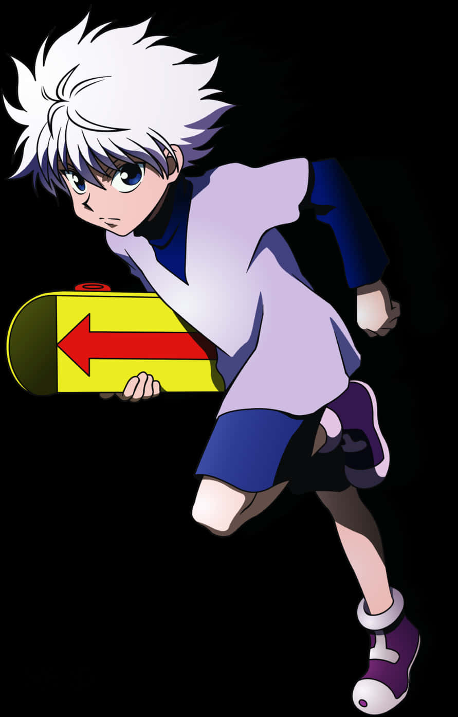 Killua Zoldyck 行動姿勢 壁紙 — 一個頭髮豎起的動漫男孩在黑色背景前移動，手持一個帶有紅色箭頭的黃色標誌。