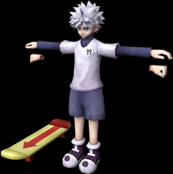 Killua Zoldyck 滑板姿勢 壁紙 — 動漫角色，白色豎起的頭髮，身穿99號襯衫，雙臂張開，在黑色背景前拿著滑板。