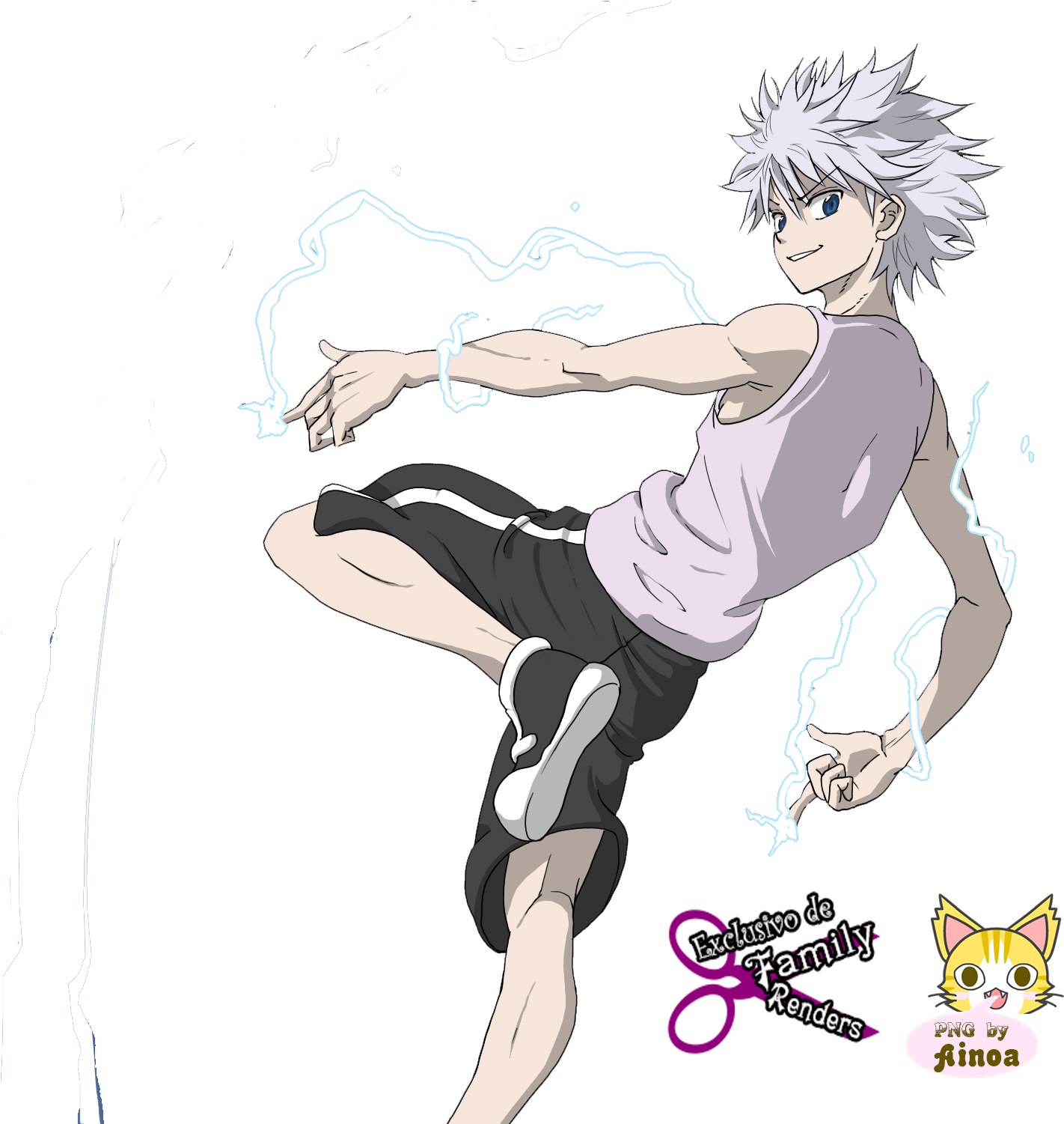 Killua Zoldyck 電光氣場 壁紙 — 動漫角色，白色尖刺頭髮，藍色眼睛，在黑色背景上以動態踢擊釋放電能。