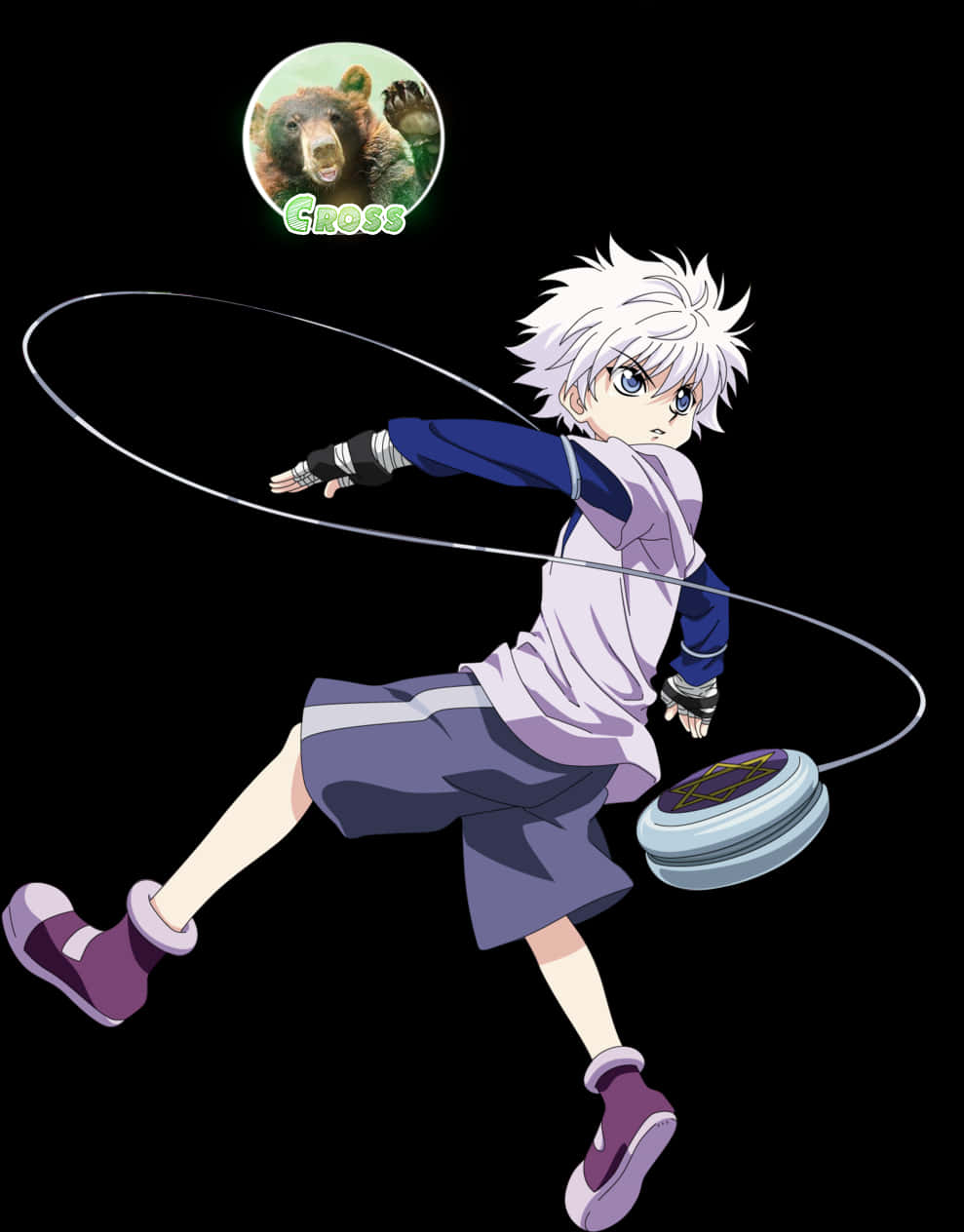 Killua Zoldyck 拿悠悠球動漫 壁紙 — 白髮藍眼動漫男孩在黑色背景上旋轉溜溜球，上方有一個熊圖標。