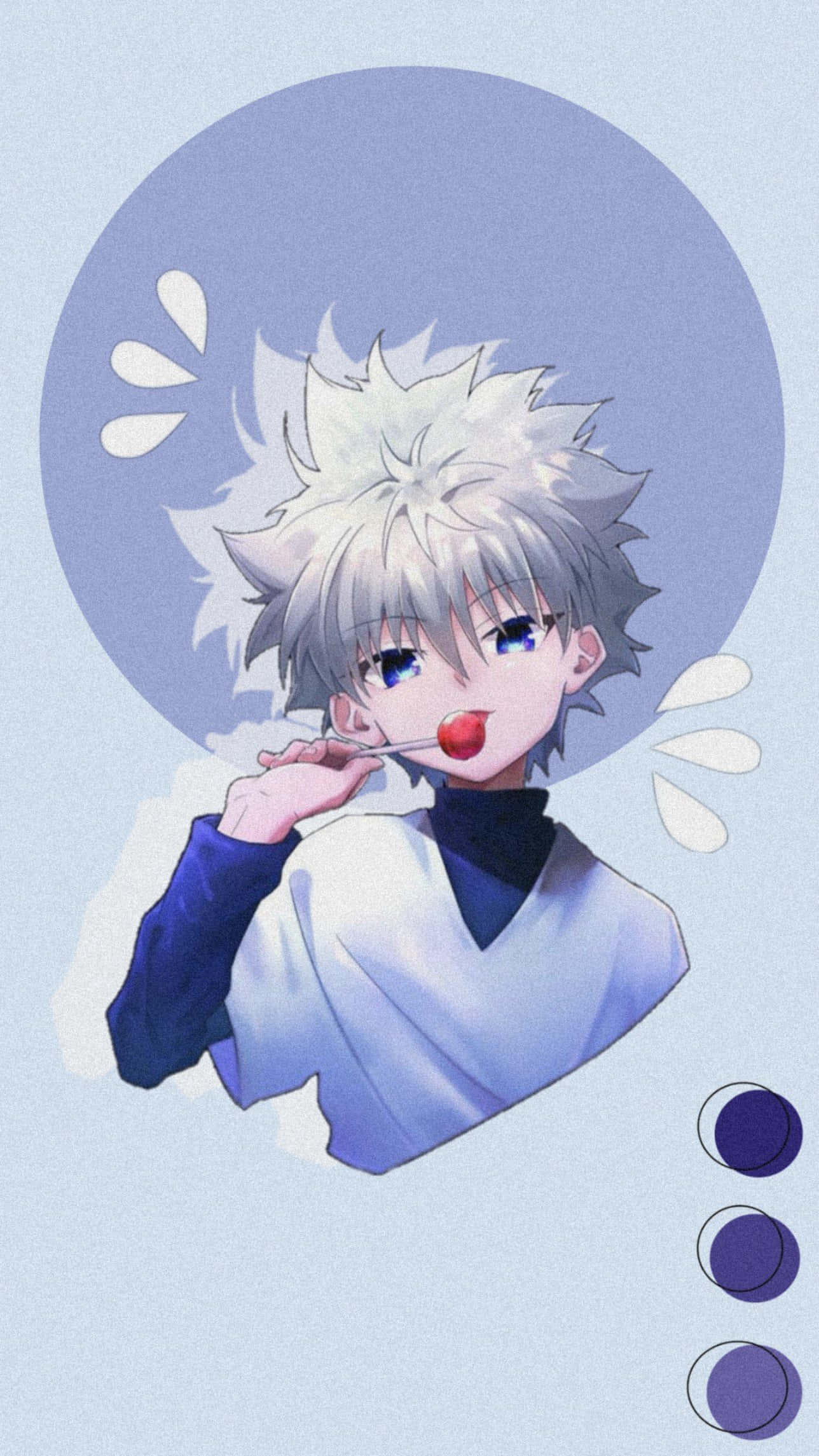 Killua 在追捕 壁紙 — 一個可愛的動漫男孩，有著尖刺的白髮和藍眼睛，在柔和的薰衣草圓形背景前舔著紅色棒棒糖。