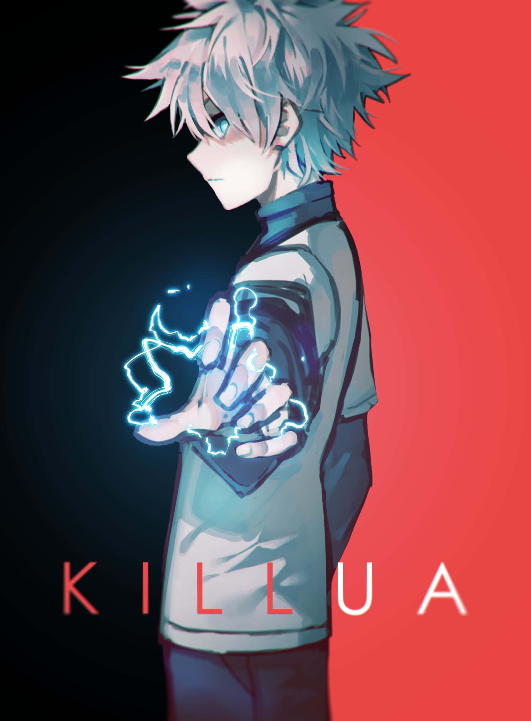 Killua的動作冒險 壁紙 — 動畫角色奇犽，擁有尖刺藍色頭髮，手持發光藍色閃電，背景為黑色和紅色分割。