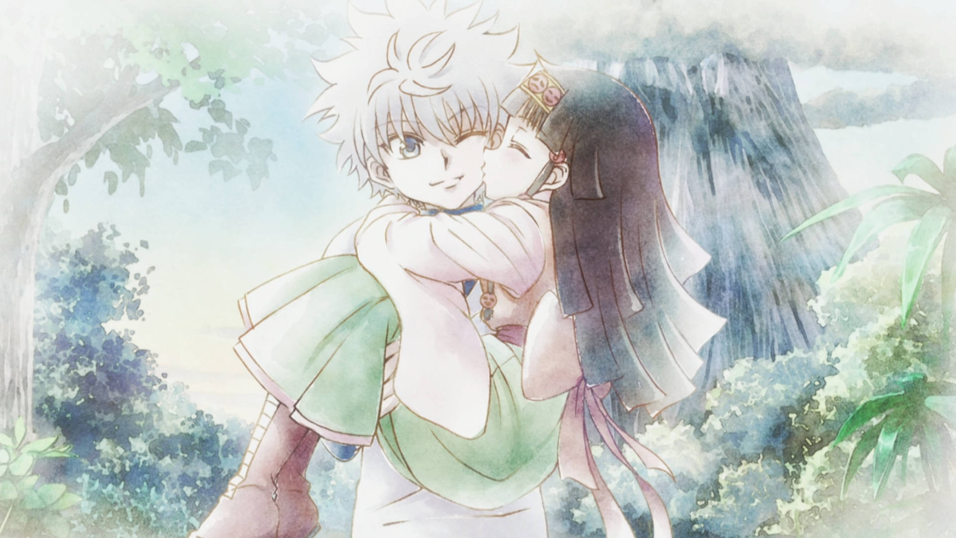 Killua與Alluka 4K影像 壁紙 — 在茂密的綠色森林中，兩個角色以柔和的水彩燈光溫柔擁抱的動漫場景。