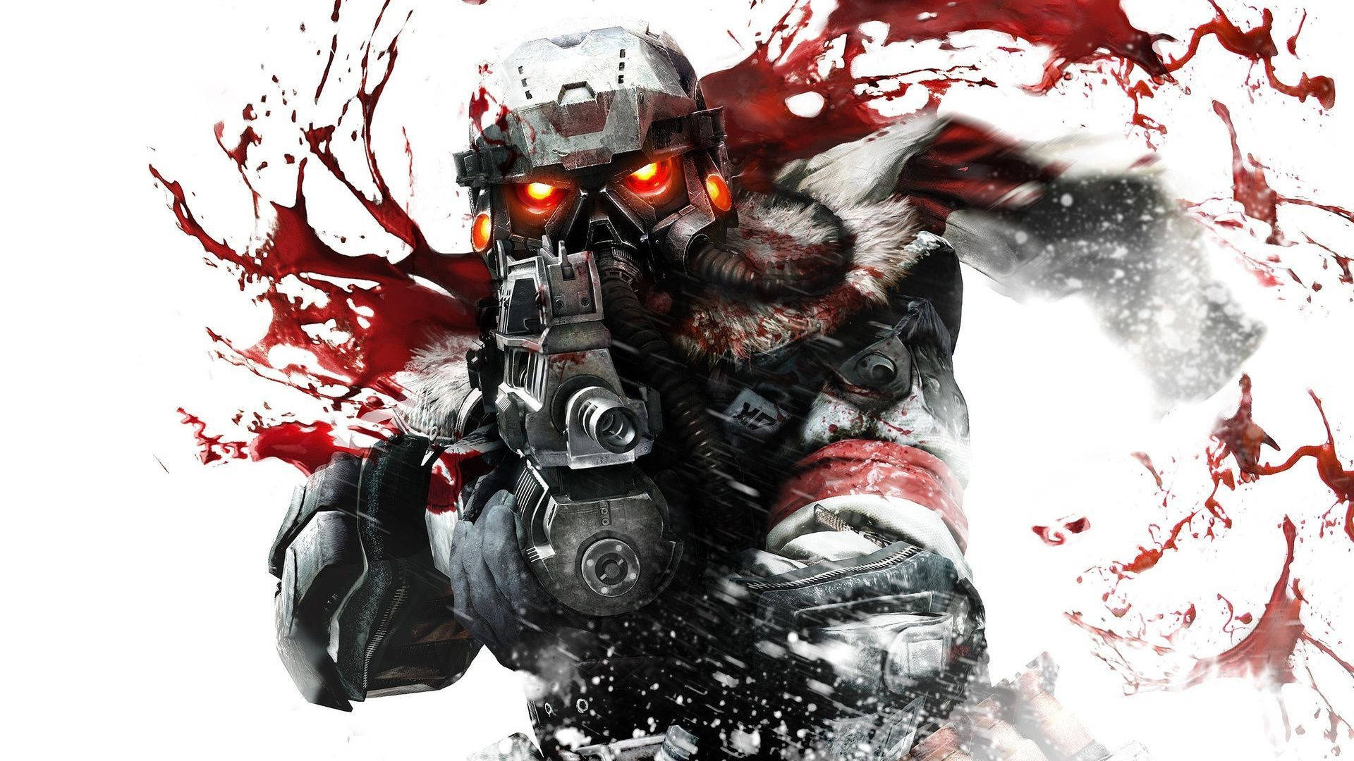 Killzone 3 遊戲 1080p 高清桌面壁紙 壁紙 — 一名身穿重甲、擁有發光紅眼和血跡的士兵以動態動作姿勢向前衝刺。