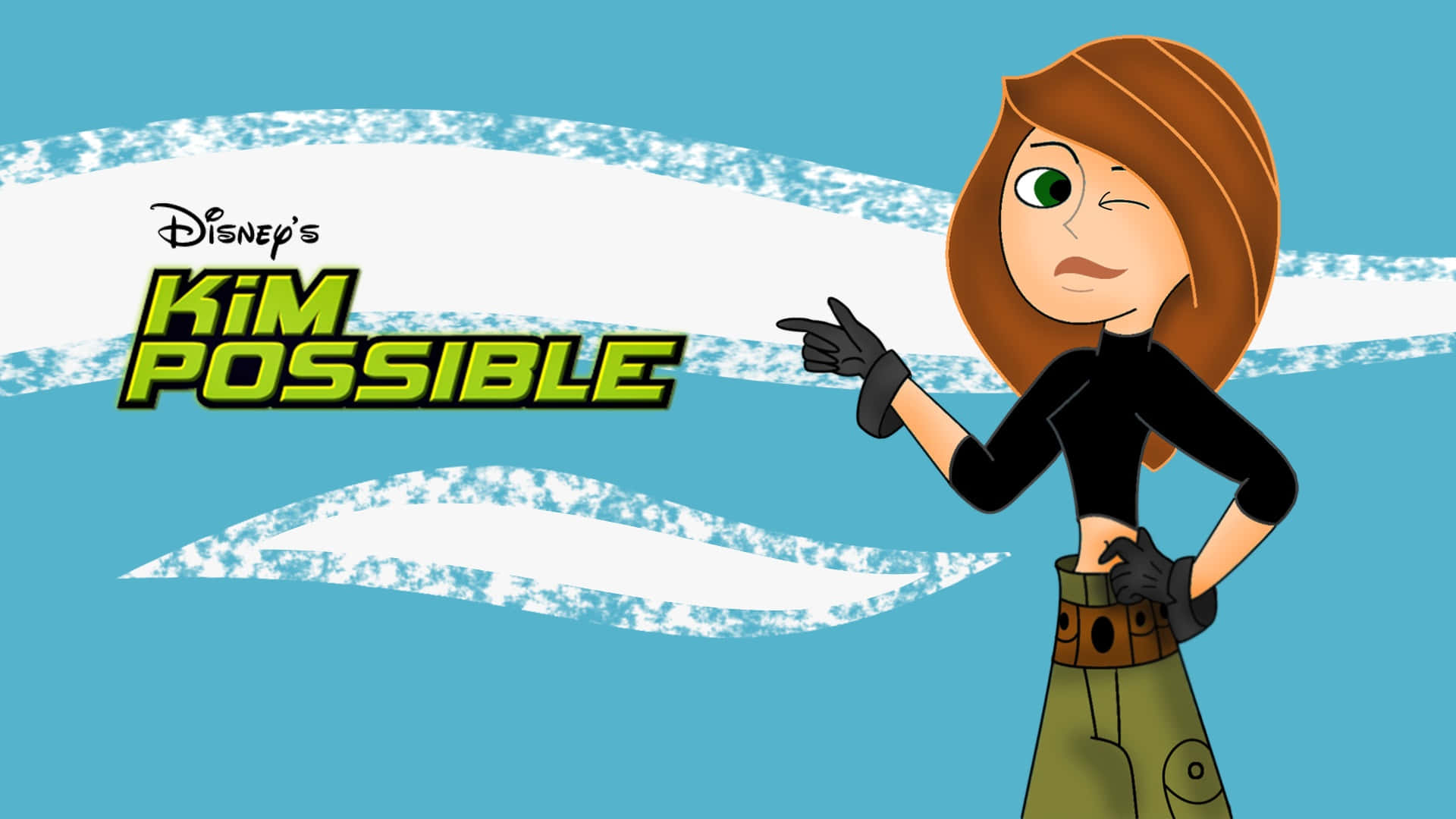 kim possible 桌布 壁紙 — Kim Possible 喺一個有節目名嘅時尚藍白背景前自信咁眨眼同指住。