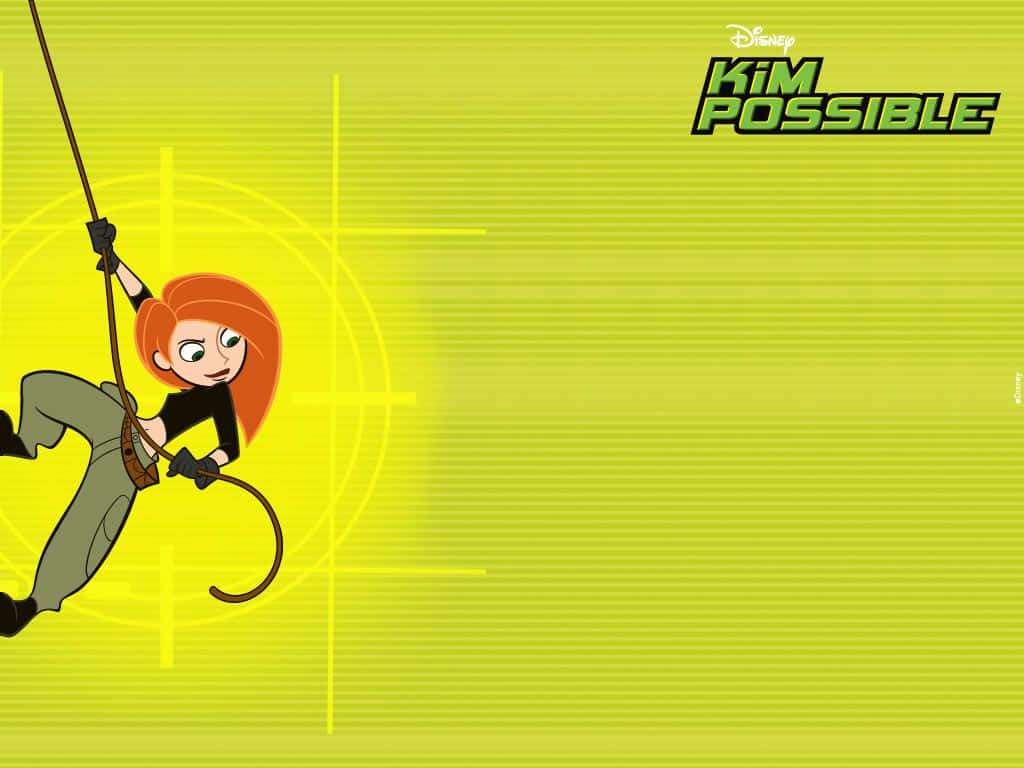 kim possible 桌布 壁紙 — Kim Possible 在鮮黃色背景上以繩索動態擺動，並帶有瞄準十字線。