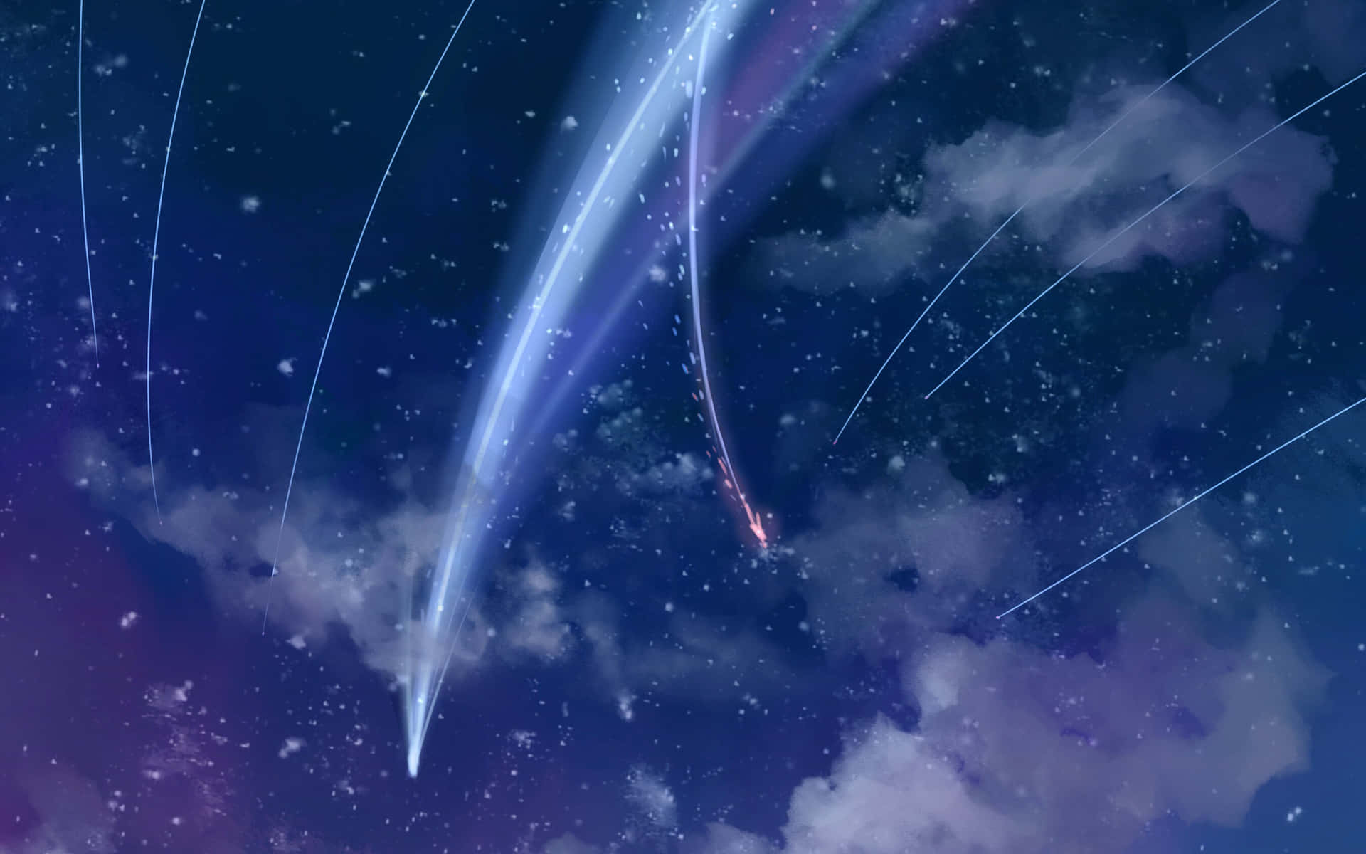 彗星劃過星光燦爛的紫色和藍色夜空，伴有雲層。
