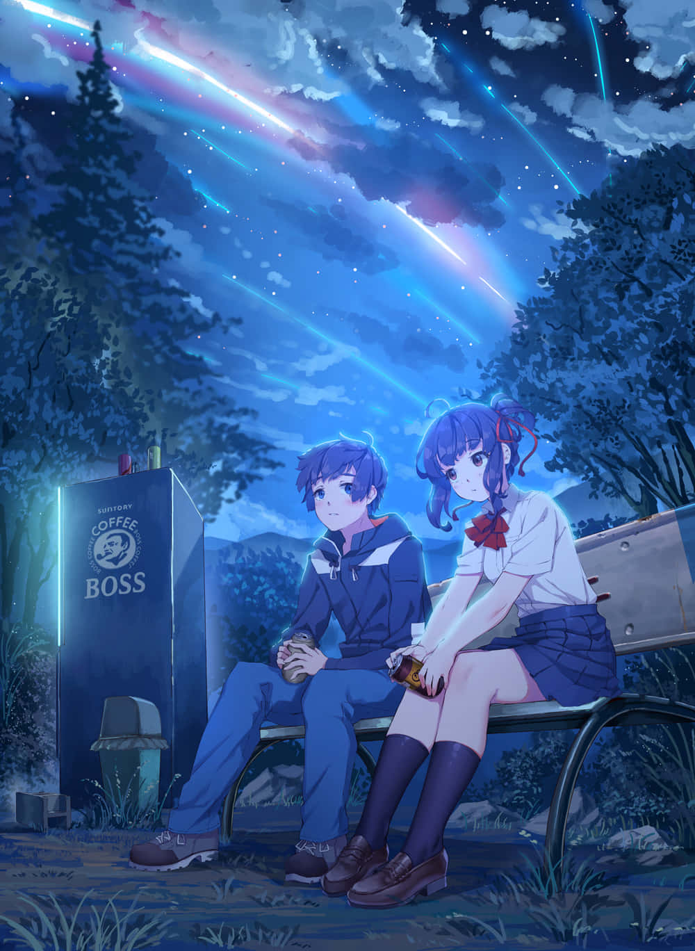 兩個動漫角色坐在長椅上，頭上是繁星點點的夜空，帶有宇宙光帶。