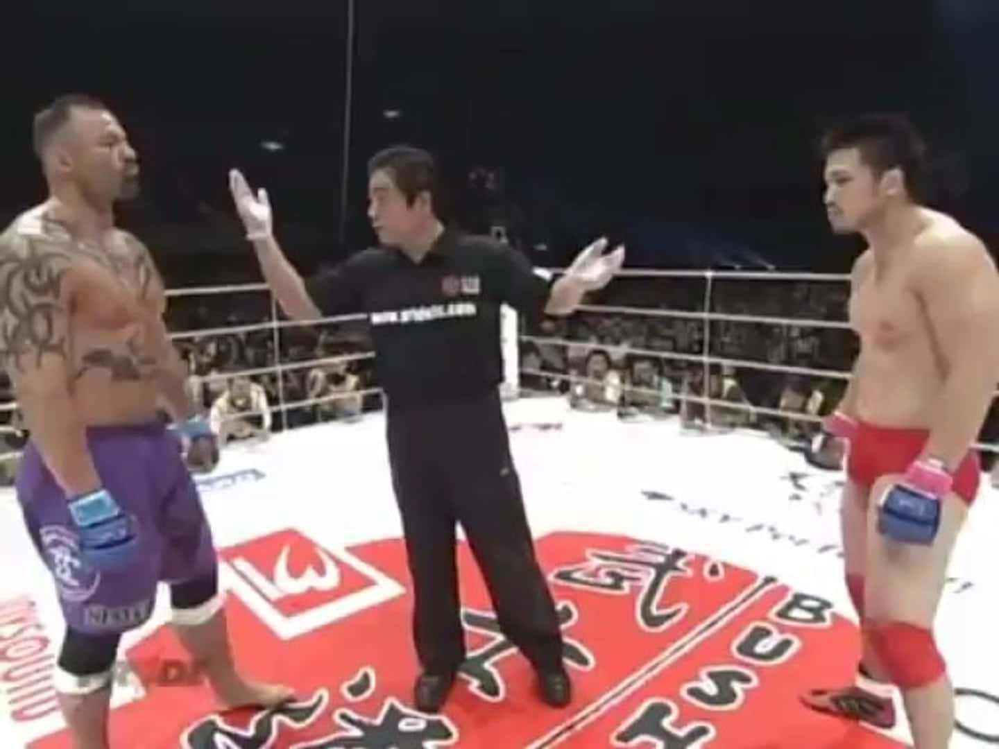 兩名身穿紅色和紫色短褲的MMA拳手在擂台上與裁判對峙。