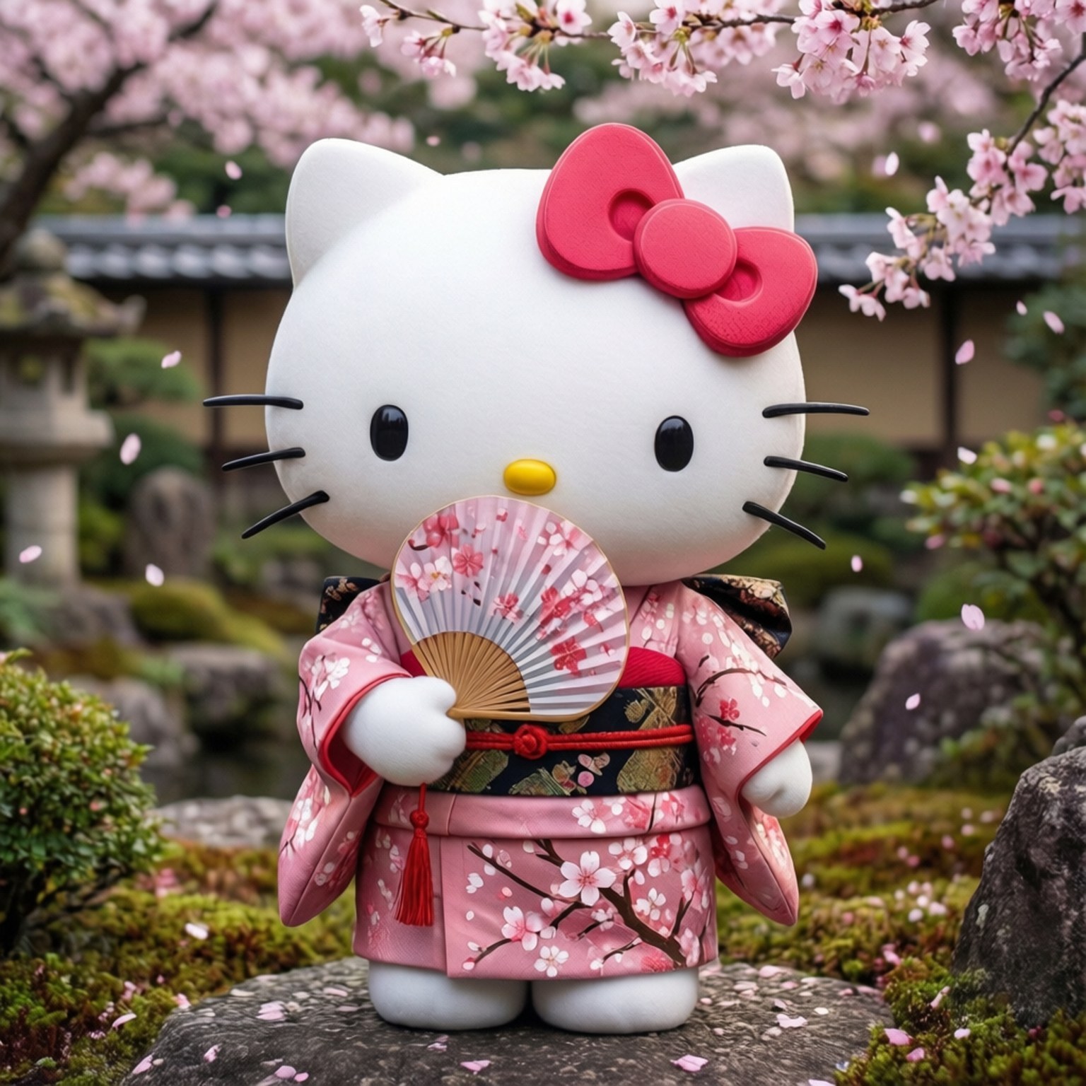 Hello Kitty 穿著粉紅色和服在花園櫻花下持扇