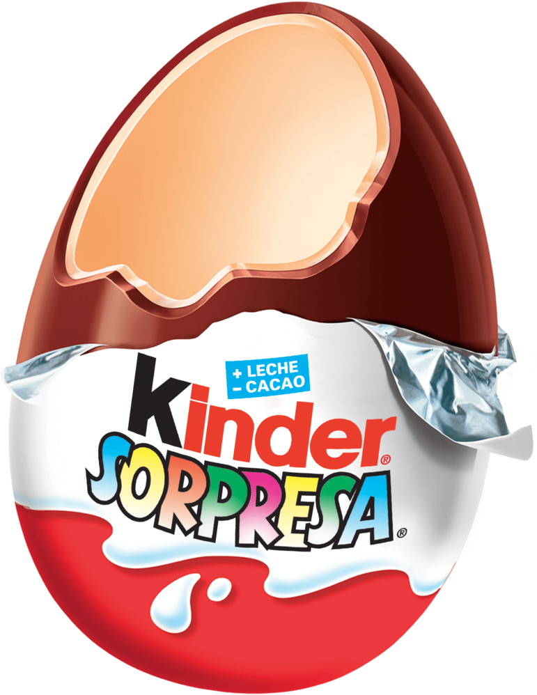 Kinder驚喜巧克力蛋 壁紙 — 一個破裂的Kinder Sorpresa蛋，露出帶有彩色品牌和箔紙包裝的奶油餡料。