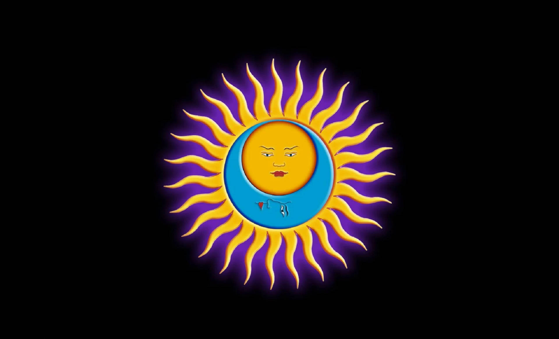 一個卡通太陽和月亮，帶有臉孔，在黑色背景上互相擁抱。