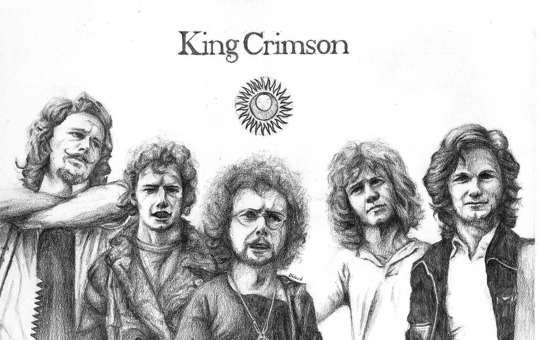 King Crimson 樂團成員的黑白鉛筆素描肖像。