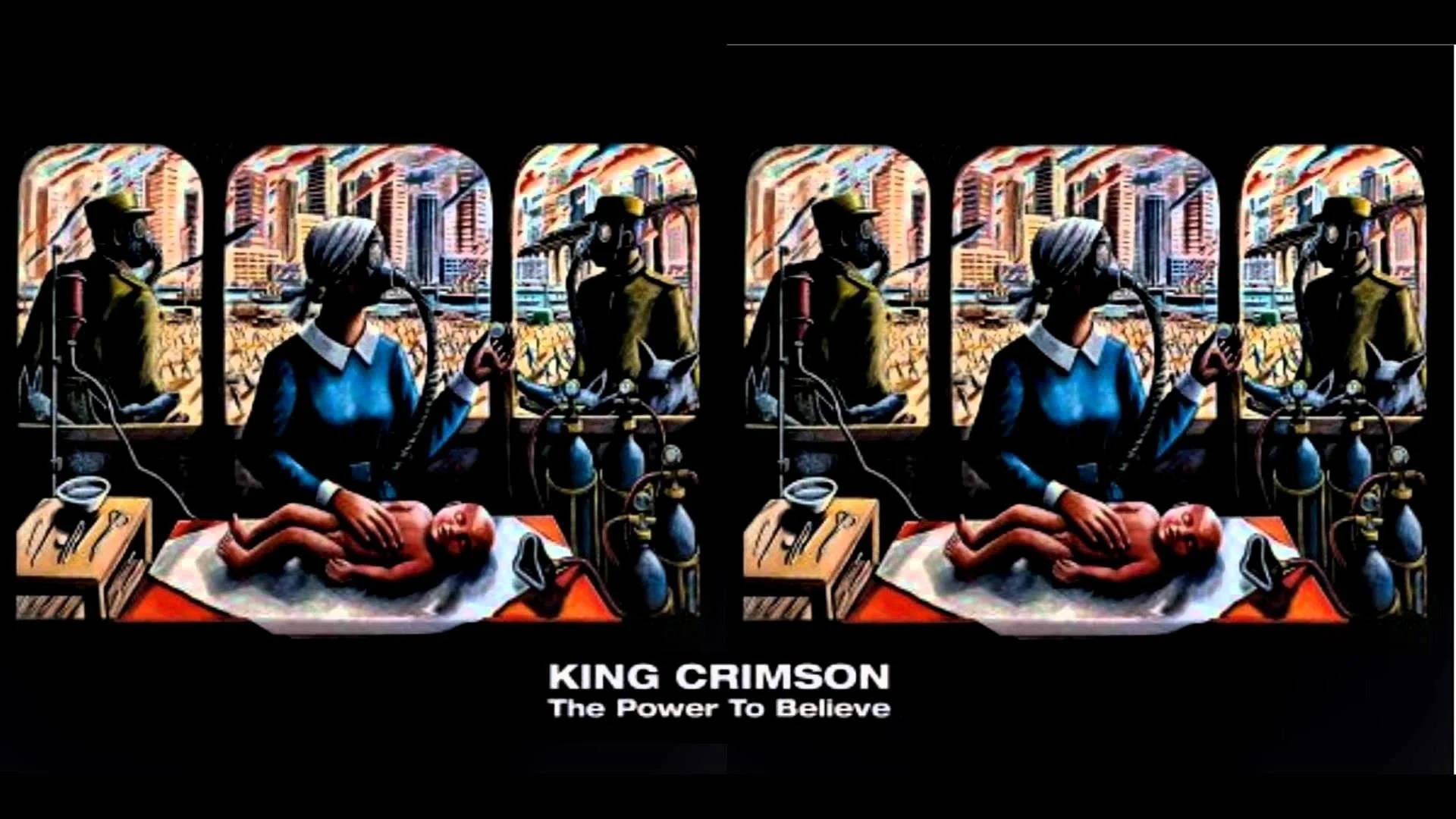 King Crimson《Power to Believe》 壁紙 — 一幅超現實畫作展示一位身穿藍色連衣裙的女子戴著防毒面具照顧嬰兒，並在五個面板上鏡像呈現，背景是城市景觀。