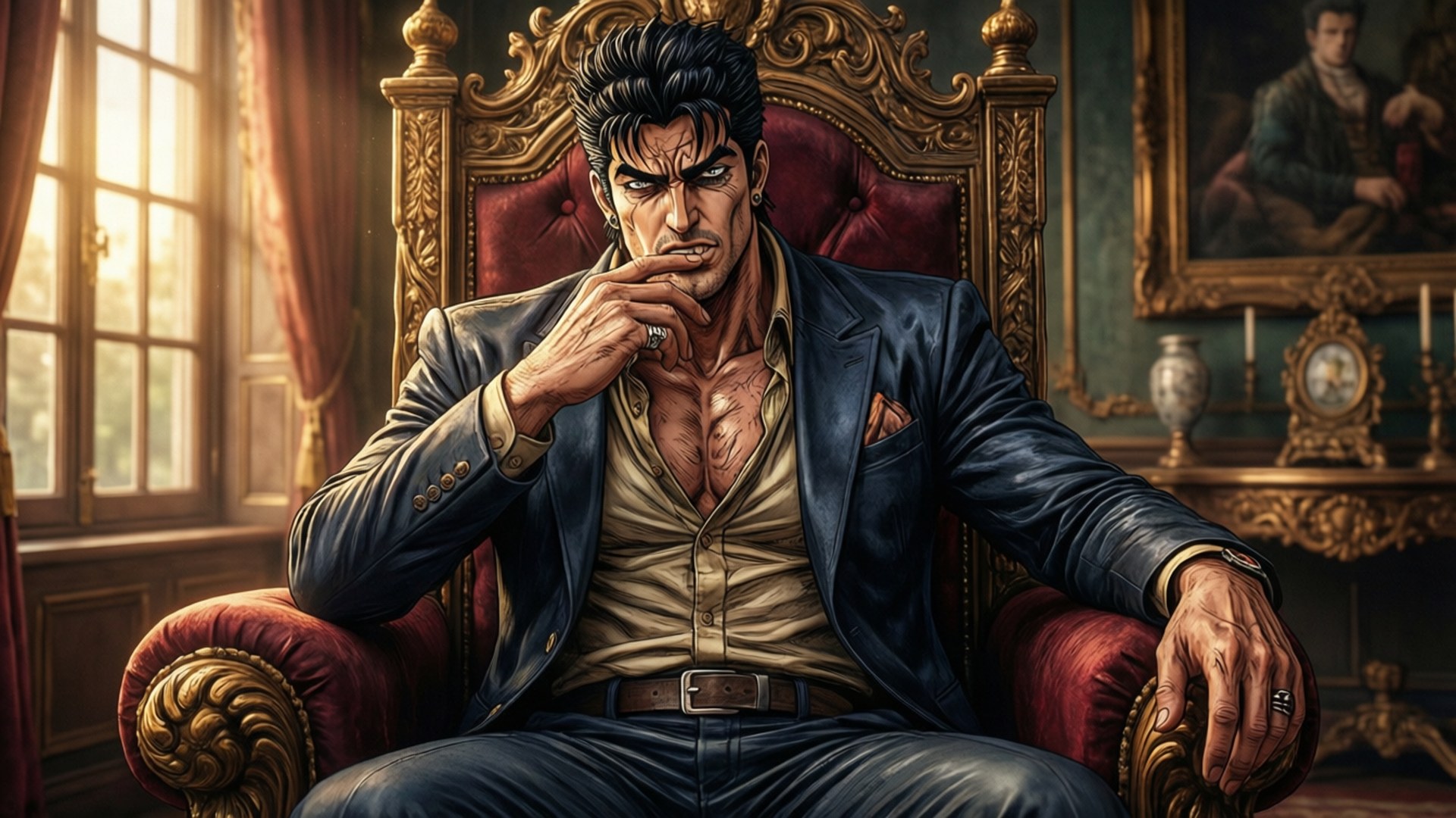 一個穿著藍色西裝的男人坐在金色房間的紅色天鵝絨寶座上，表情嚴肅。
