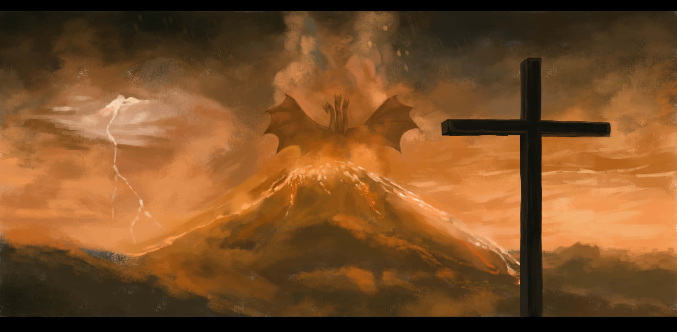 King Ghidorah 霸氣翱翔天際 壁紙 — 一個黑暗的十字架矗立在噴發的火山前，伴隨著一個蝙蝠翅膀的惡魔，背景是暴風雨的橙色天空。