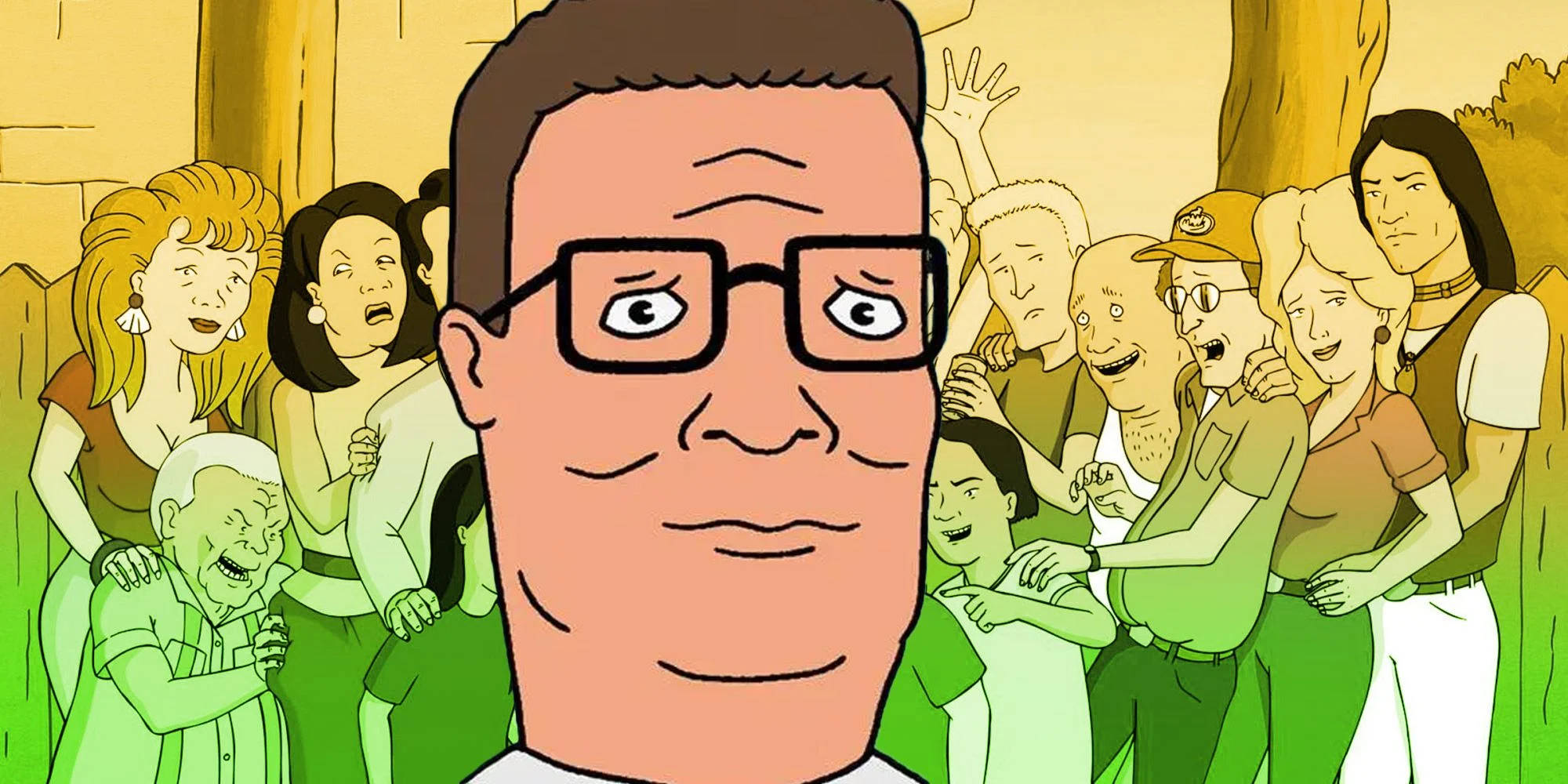 《King of the Hill》漢克·希爾與群像 壁紙 — 一個戴眼鏡的卡通男人向前凝視，身後一群多元化的動畫人物在歡呼並做手勢。