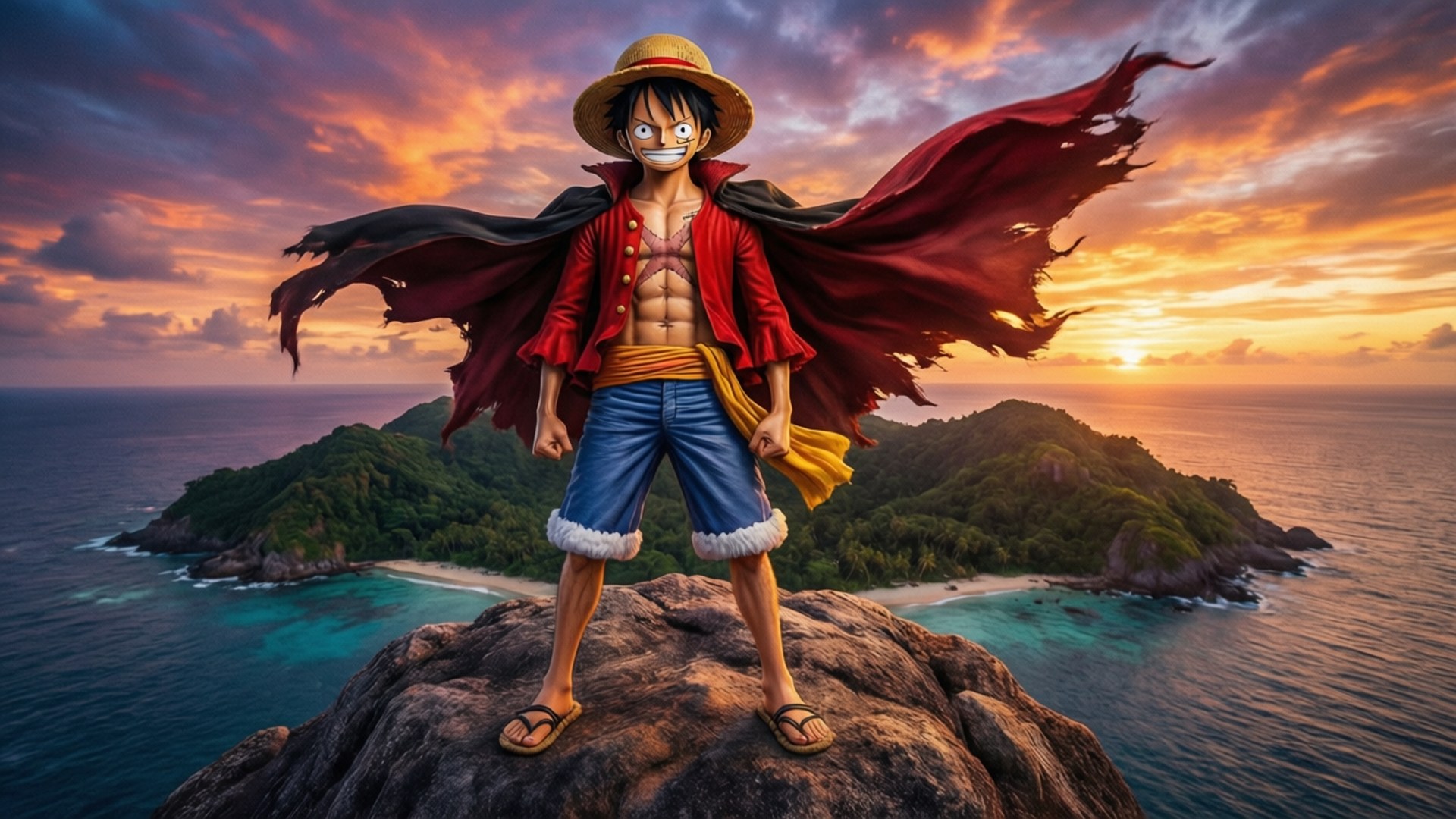 卡通海盜站在懸崖上俯瞰日落時分的熱帶島嶼