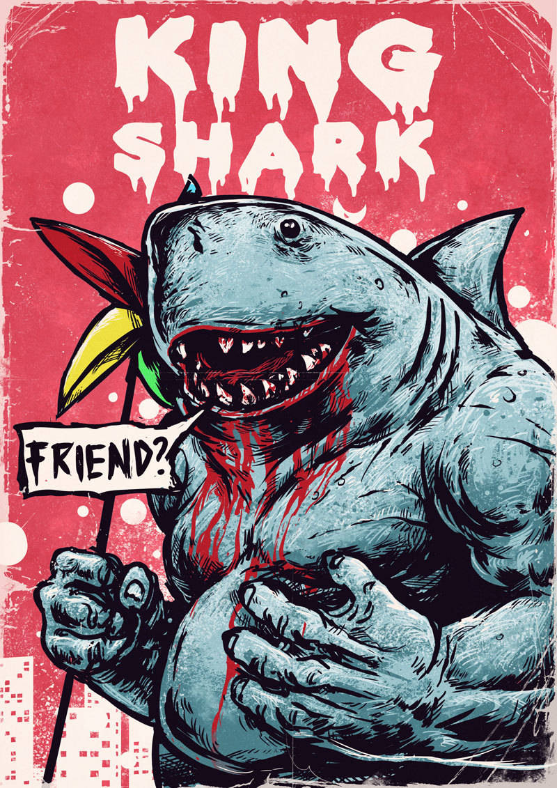 鯊魚王舉著「FRIEND?」牌子，嘴邊滴著血。