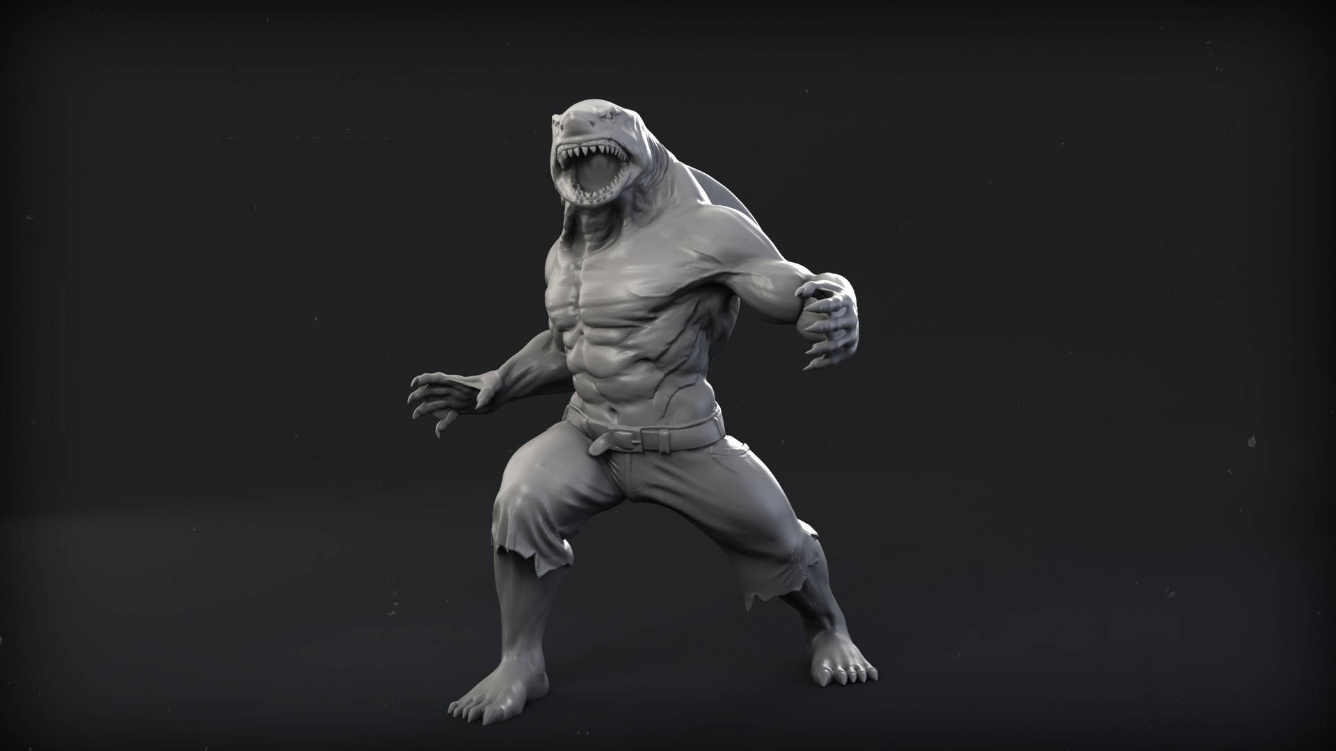 一個灰色3D渲染的鯊魚頭怪物以咆哮姿勢呈現。