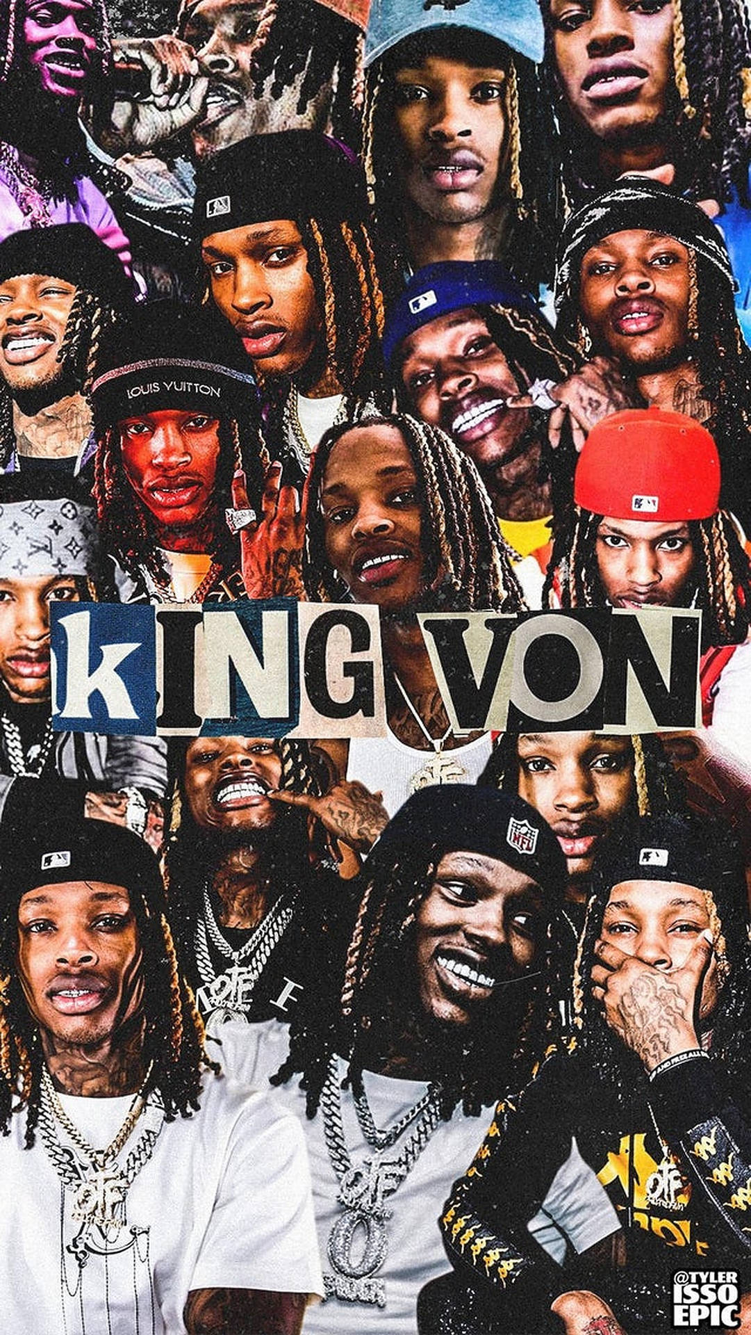 King Von 拼貼，包含多個表情豐富的肖像和奢華品牌元素。