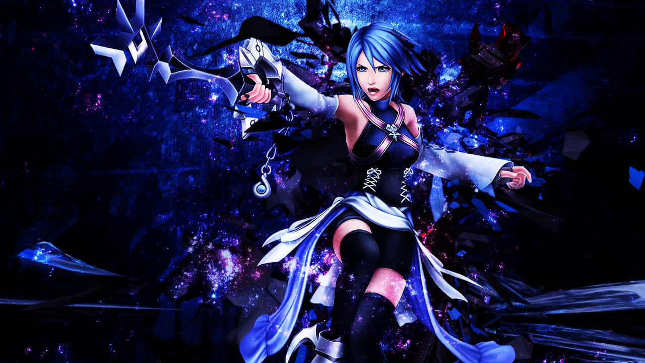 "Kingdom Hearts Aqua Stands in the Heart of the Galaxy" 壁紙 — 一位藍髮動漫女孩穿著黑白服裝，在宇宙深藍色背景前揮舞著發光武器。