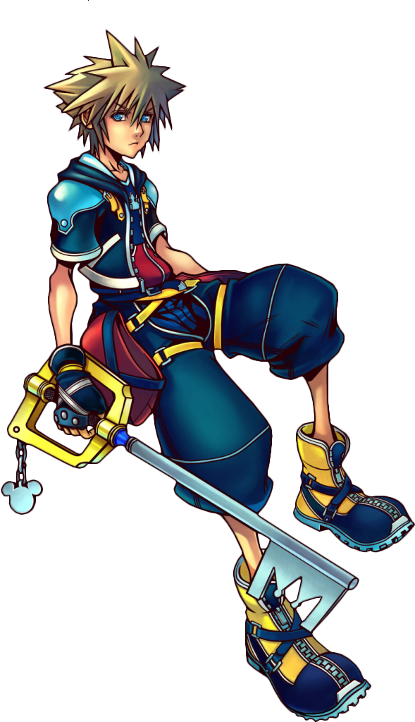 Kingdom Hearts 英雄索拉 壁紙 — 一個藍紅盔甲、刺蝟頭的動畫男孩坐在黑暗背景前，手持一把巨大的鑰匙形武器。