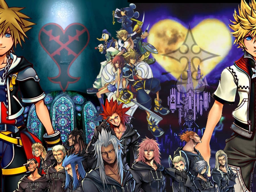 Kingdom Hearts 標誌展示 壁紙 — 一張充滿活力的動漫桌布，描繪一群《王國之心》角色以動態姿勢站在神秘城堡背景前，並帶有發光的心形符號。