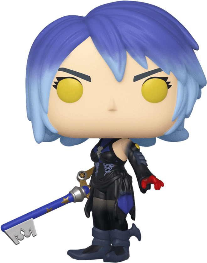 Kingdom Hearts 動畫角色模型 壁紙 — 一個風格化的藍髮黃眼動漫角色，以大膽的流行乙烯基人偶姿勢手持鑰匙形武器。