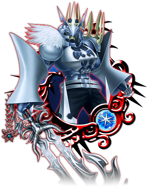 Kingdom Hearts 鑰匙劍角色 壁紙 — 一名身穿銀色盔甲的騎士，頭戴尖刺王冠，肩披白色羽毛護肩，手持一顆被紅色華麗圖案環繞的發光藍色星體，背景為黑色。