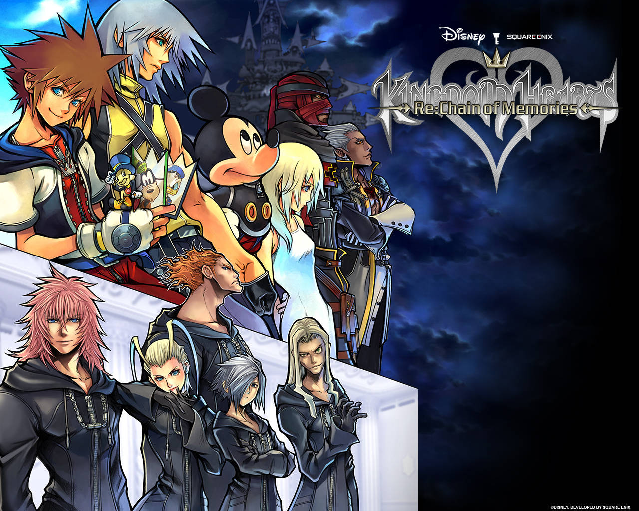 Kingdom Hearts 標誌藝術作品 壁紙 — 一群來自《王國之心 Re:Chain of Memories》的動畫角色在暴風雨的天空下，以黑暗城堡為背景英勇地站立。