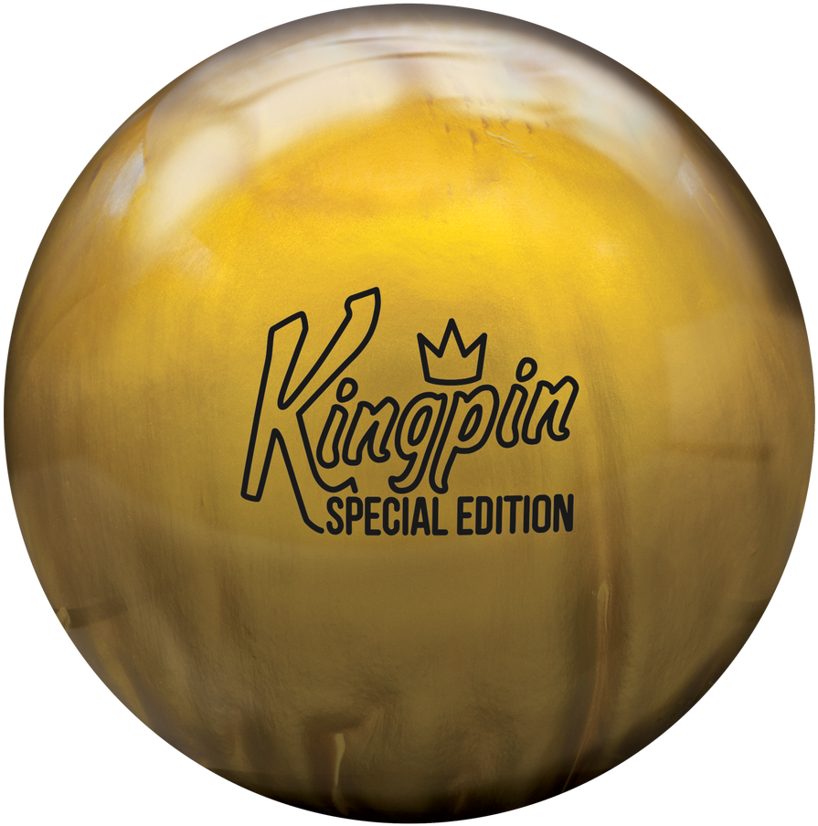 Kingpin特別版保齡球 壁紙 — 一個帶有 'Kingpin Special Edition' 標誌的光澤金色保齡球，背景為黑色。