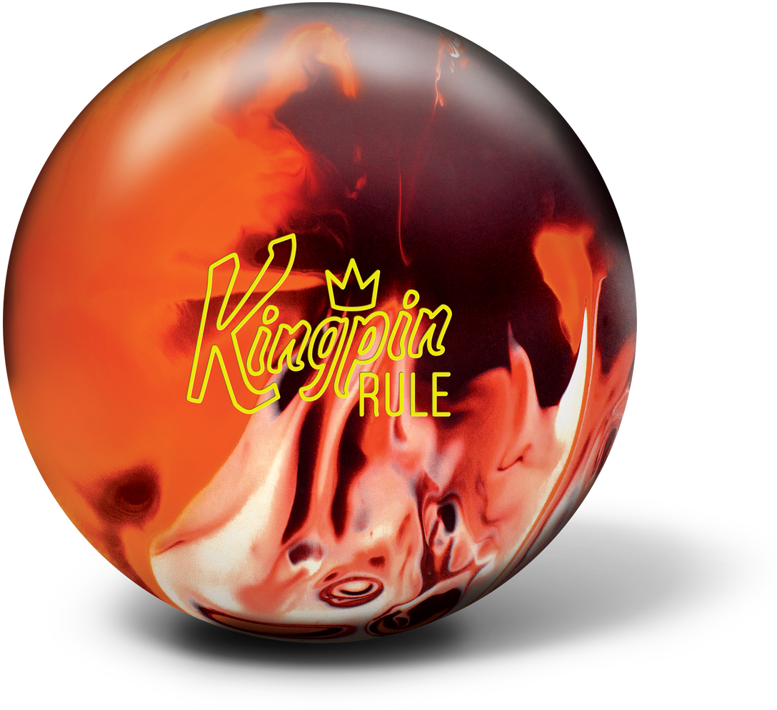 Kingpin Rule 保齡球 壁紙 — 一個光澤的保齡球，帶有火熱的橙色和紅色漩渦，以及黃色 'Kingpin Rule' 文字，背景為黑色。