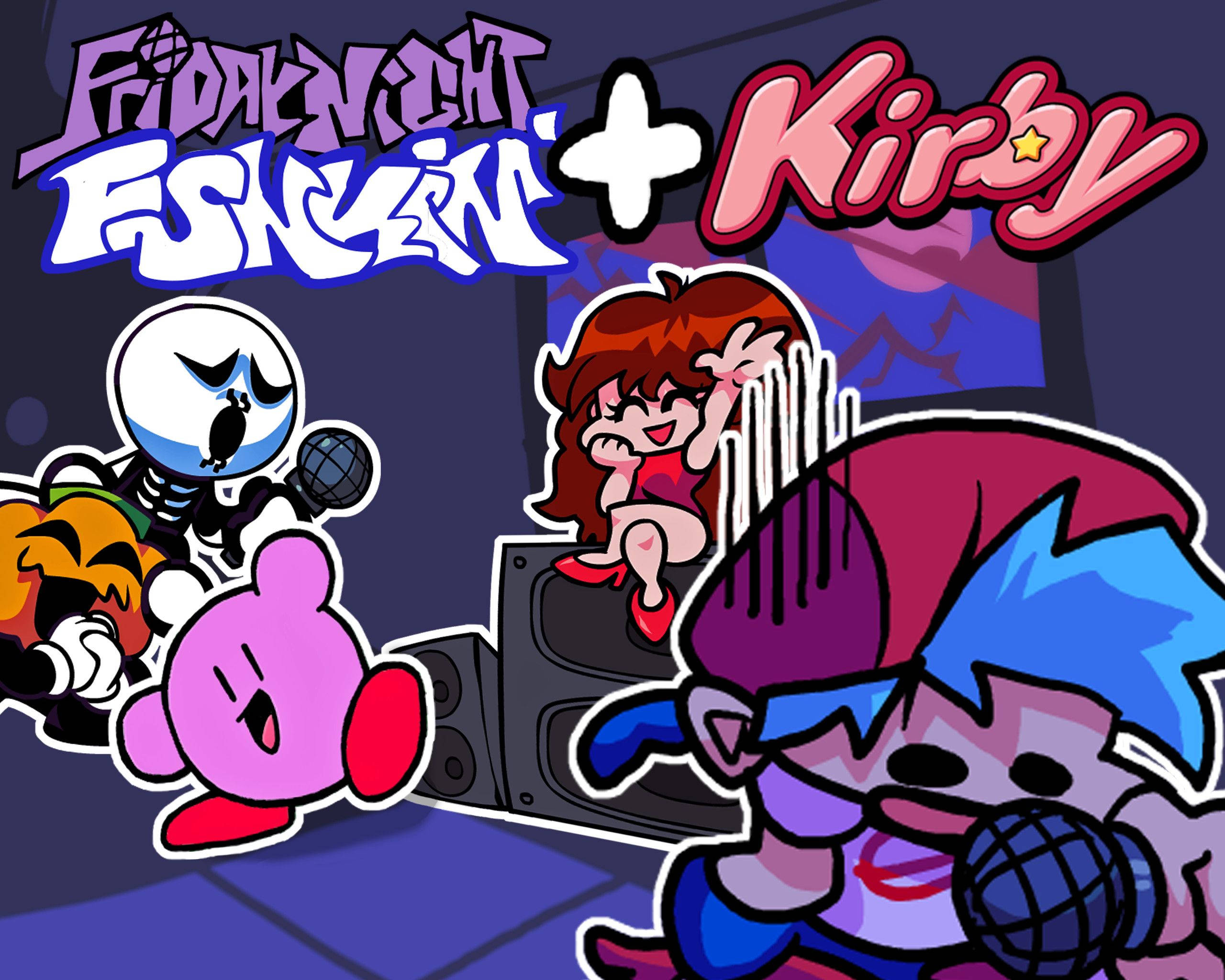 《Kirby + Friday Night Funkin》模組 壁紙 — 來自 Friday Night Funkin' 和 Kirby 的鮮豔卡通角色在舞台上用咪高峰和喇叭充滿活力地表演。