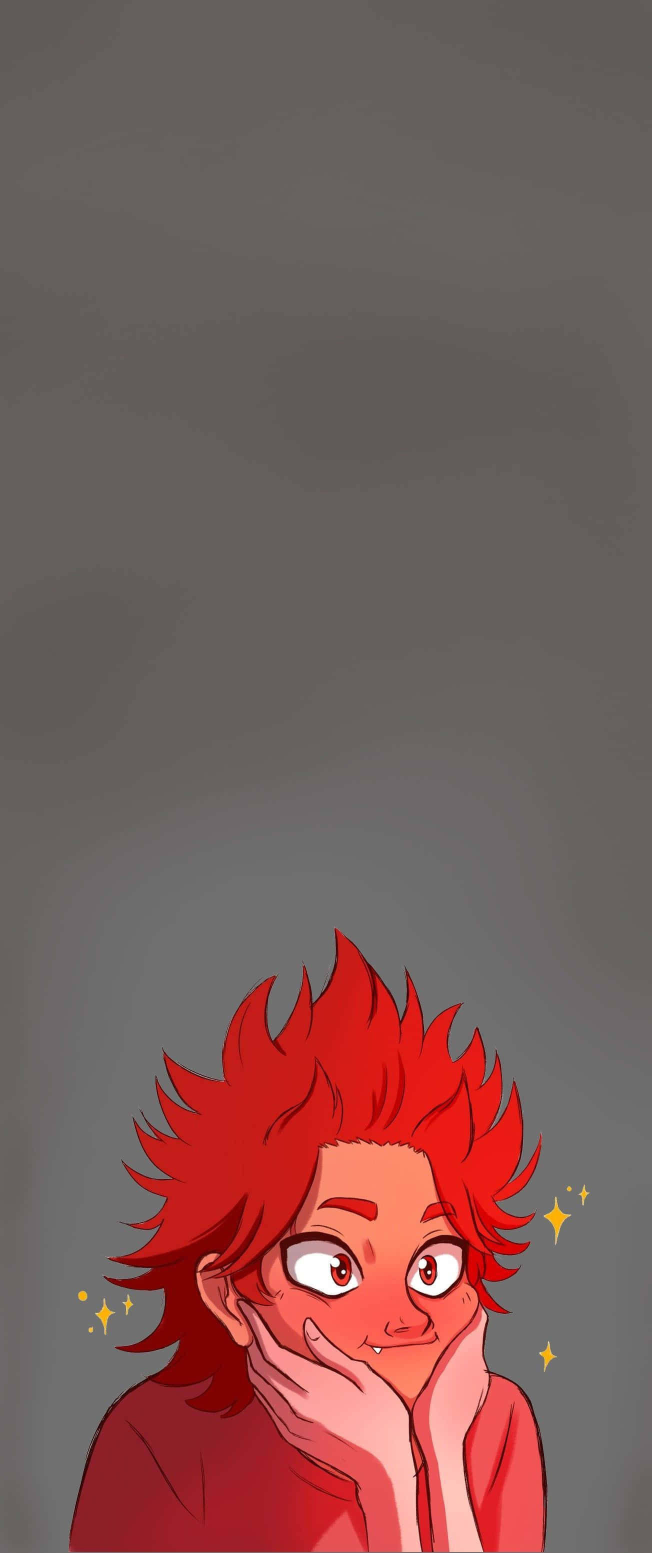 可愛嘅Kirishima數碼繪圖 壁紙 — 一個開心的動漫角色，有著尖刺的紅髮和大眼睛，微笑著將臉貼在純灰色背景上。