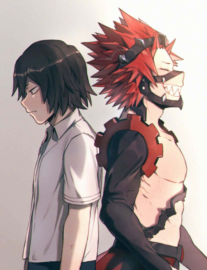 兩個動漫男孩背對背，一個穿著校服，另一個穿著紅色裝備和面具。