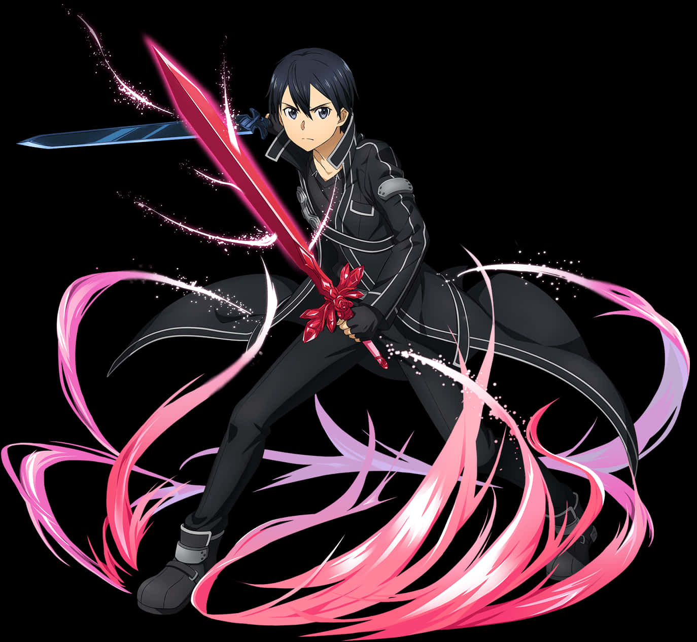 Kirito 双持劍 壁紙 — 動漫角色身穿黑色服裝，在黑暗背景中揮舞著發光的粉紅色劍，帶有旋轉的能量效果。