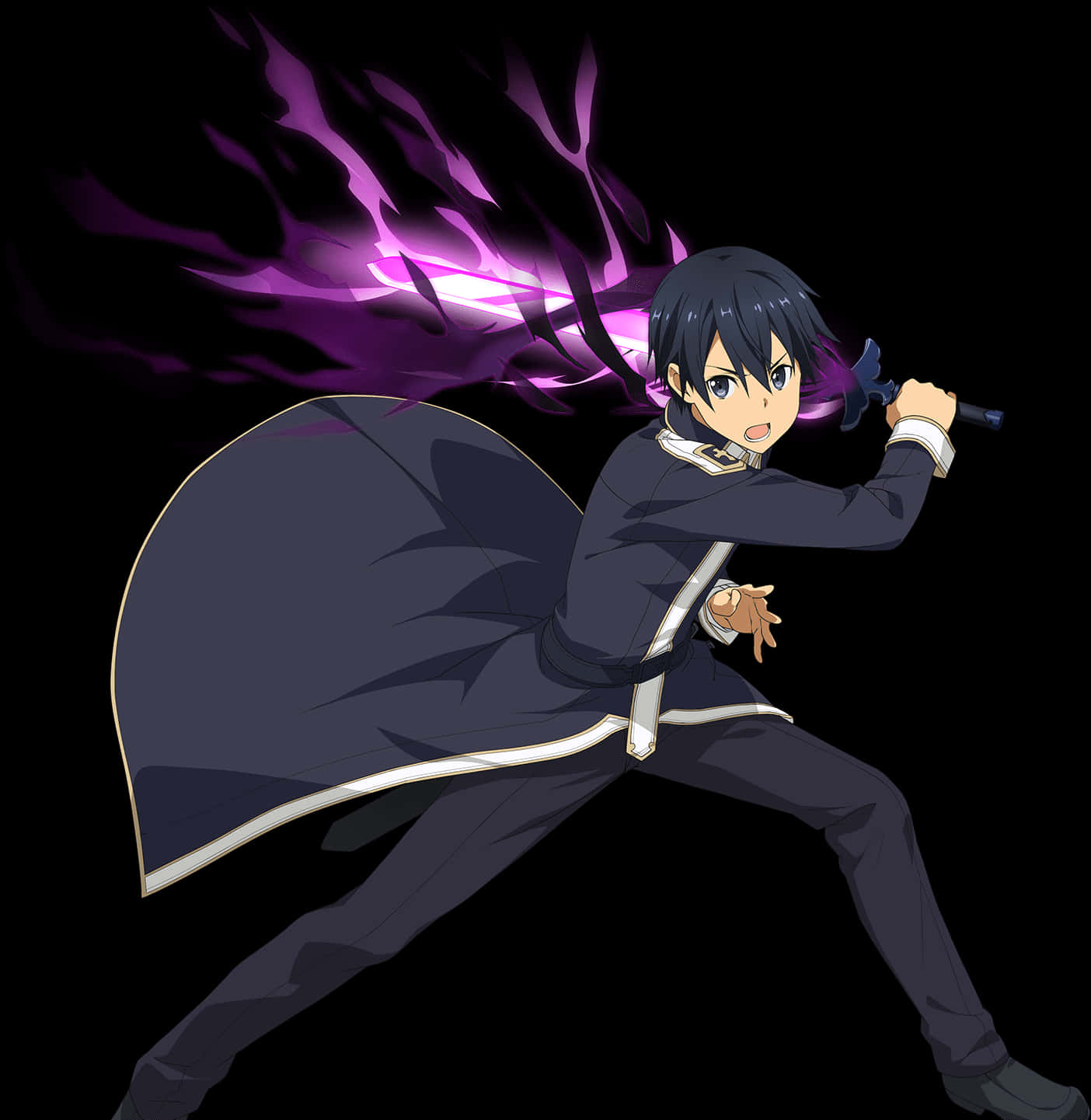 Kirito《刀劍神域》戰鬥姿勢 壁紙 — 動漫角色身穿深色制服，在黑色背景前揮舞發光紫色劍，呈現動態戰鬥姿勢。
