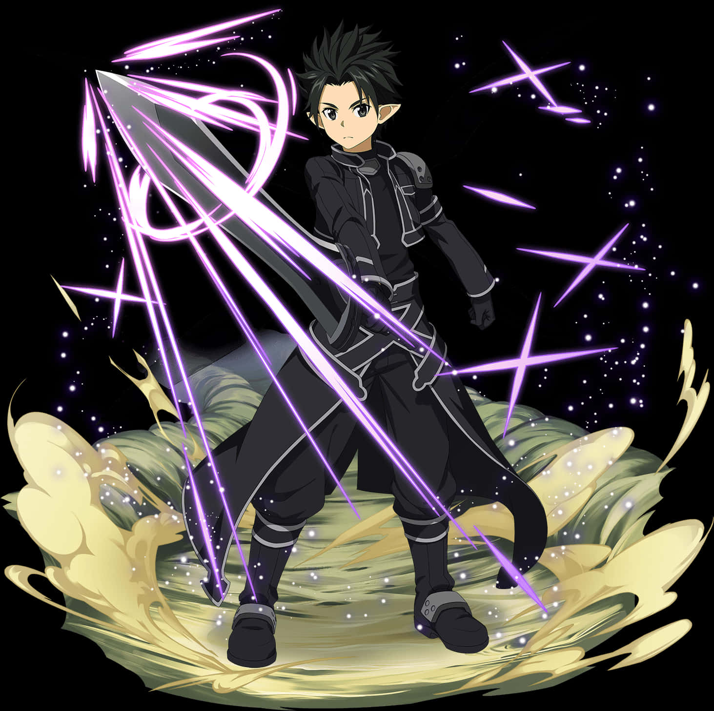 Kirito《刀劍神域》雙刃戰鬥 壁紙 — 動漫戰士，黑色刺蝟頭，在旋轉的金色能量和星空虛空中揮舞著發光的紫色劍。
