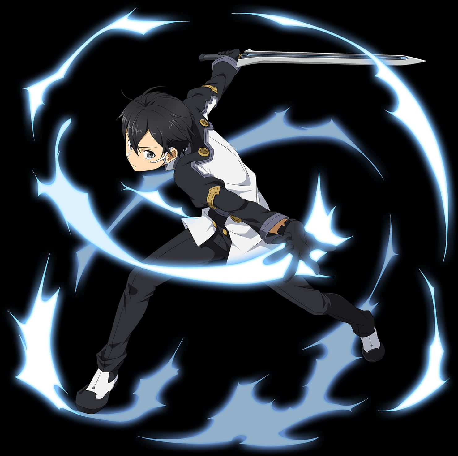 Kirito《刀劍神域》戰鬥姿勢 壁紙 — 動漫角色在黑色背景上揮舞發光藍色能量劍。