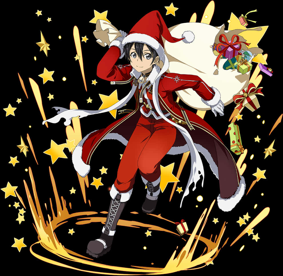 Kirito 聖誕裝扮動畫角色 壁紙 — 動畫男孩穿著紅色聖誕老人服裝，在金色星星和節日爆炸中跳躍，手持禮物袋，背景為黑色。