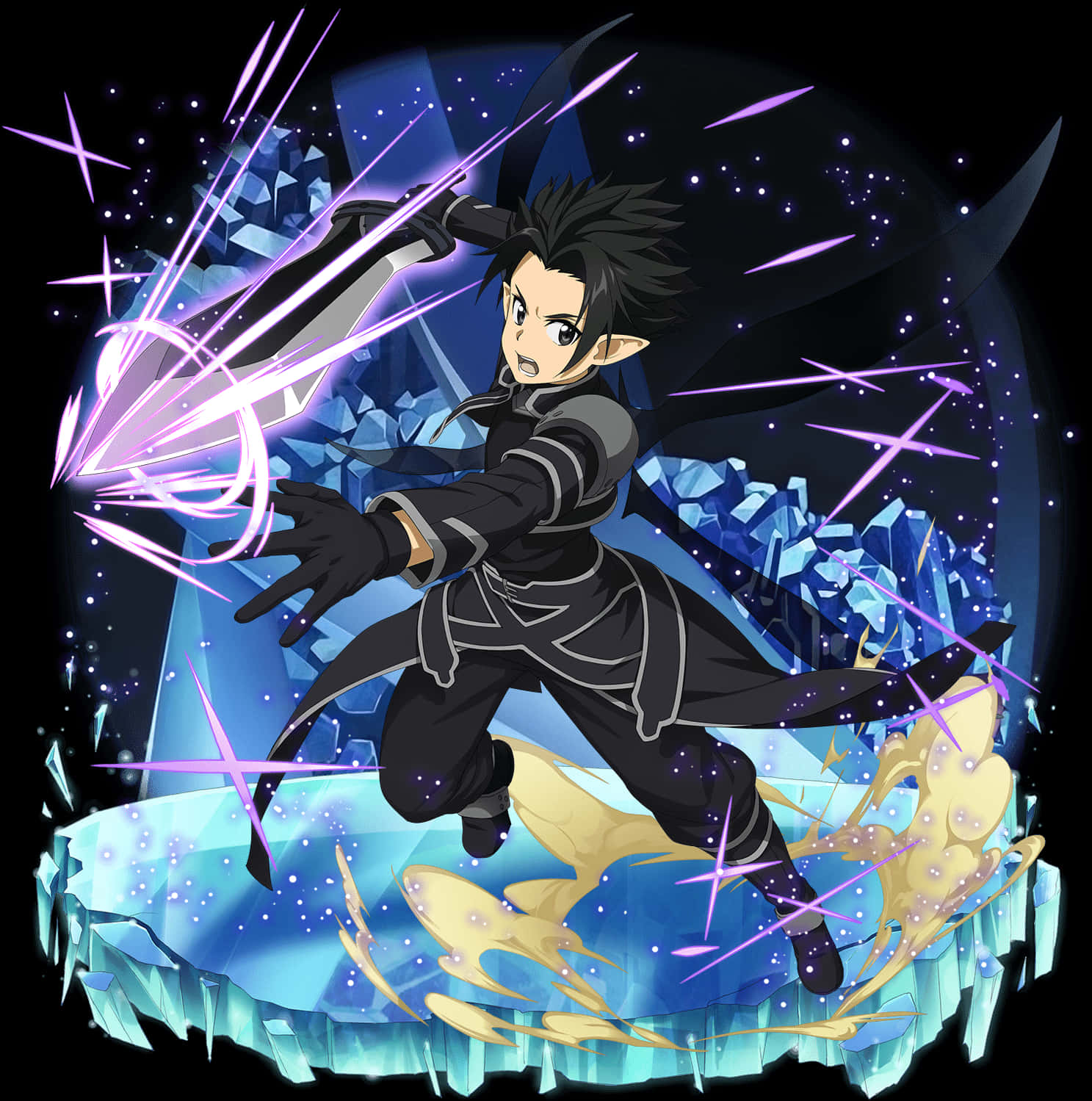 Kirito《刀劍神域》雙劍戰鬥姿勢 壁紙 — 一位黑髮尖耳動漫戰士，揮舞著發光的紫色劍，伴隨著金色能量爆發，劈開晶瑩的冰層。
