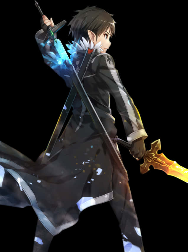 Kirito 双持劍 壁紙 — 動漫戰士，黑髮，手持發光劍，站在黑色背景前。