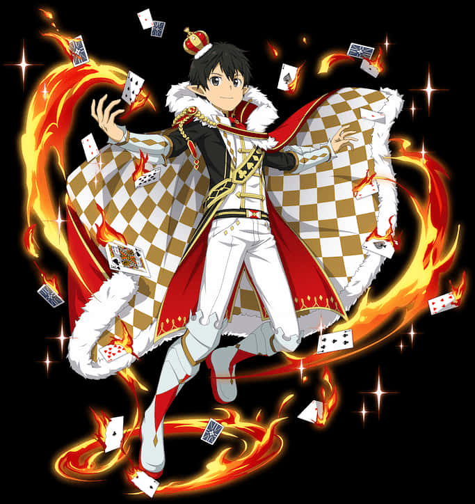Kirito《刀劍神域》魔術師造型 壁紙 — 動畫男孩穿著皇家格子斗篷，被火焰和漂浮的撲克牌包圍，背景為黑色。