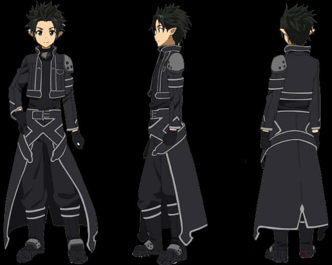 Kirito《刀劍神域》角色設計 壁紙 — 動漫角色正面和背面視圖，穿著帶有白色邊飾的深色盔甲服裝，背景為黑色。