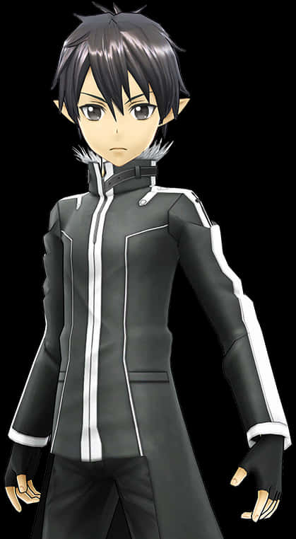 Kirito《刀劍神域》角色形象 壁紙 — 黑色頭髮和尖耳朵的動漫角色，在深色背景前穿著黑白高領外套。