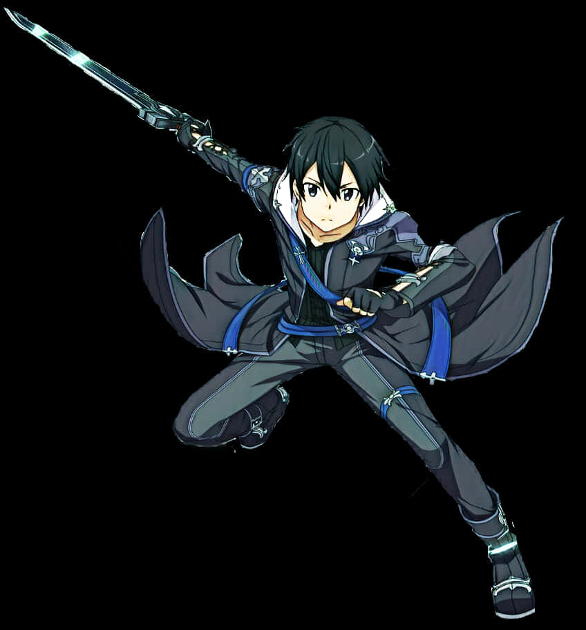 Kirito 剑靈 Online 行動姿勢 壁紙 — 動漫女劍士身穿深藍色和灰色服裝，手持發光劍在黑色背景上向前躍進。