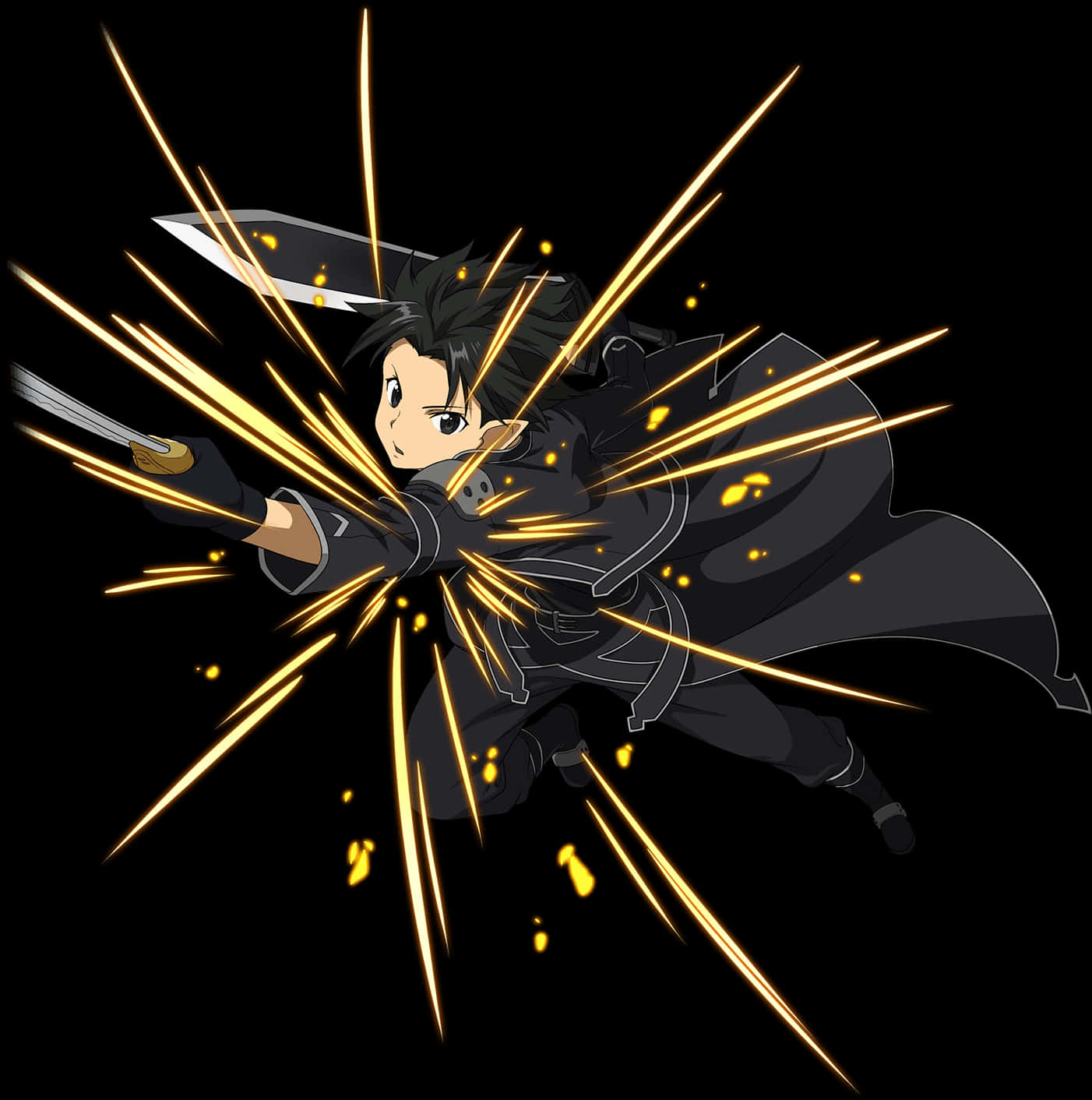 Kirito 剑靈 Online 行動姿勢 壁紙 — 動漫戰士揮劍斬擊，在黑色背景上產生金色火花。