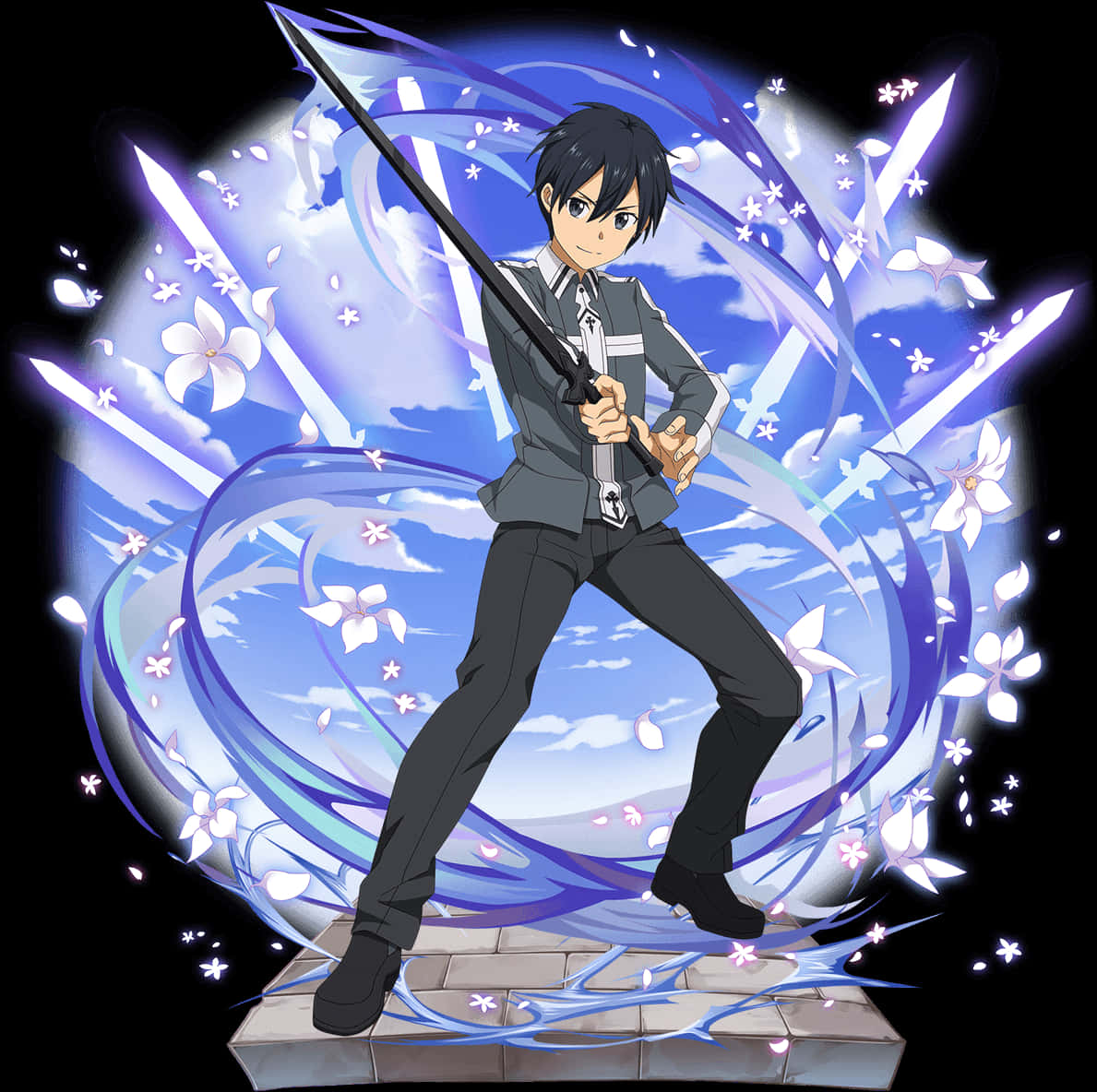 Kirito 剑靈 Online 行動姿勢 壁紙 — 身穿灰色制服的動畫男孩在黑暗背景下揮舞劍，周圍環繞著旋轉的藍色能量和飄落的白色花朵。